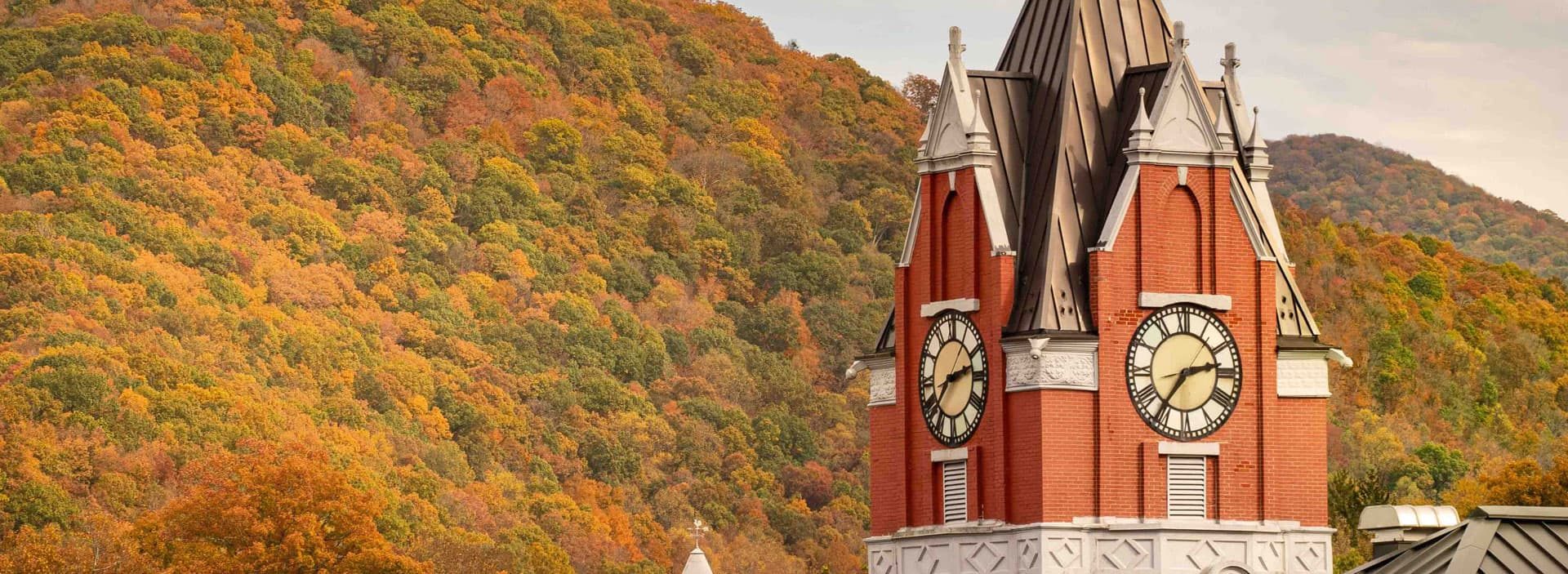 church in the fall mountains